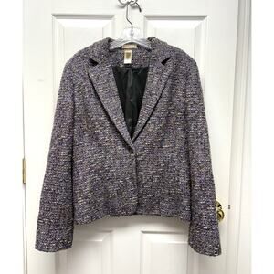 Vintage LIZ Wool Tweed Blazer Blue Brown Weaved Lined Short Women's Size 10